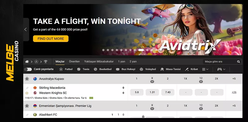 Aviatrix tanıtım afişi ve canlı maçlar ekranı